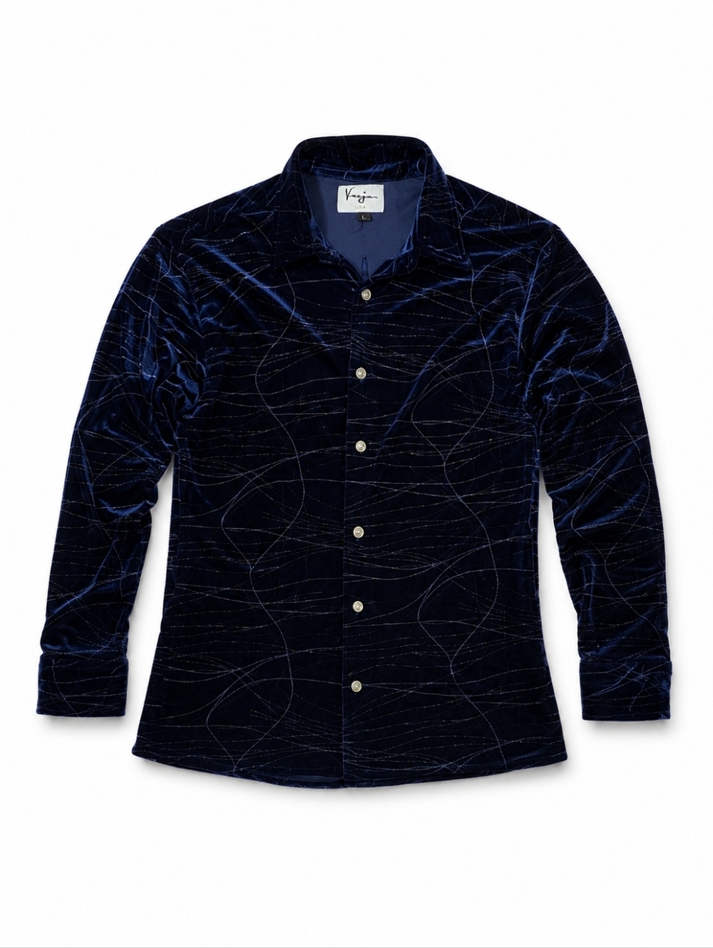 80s Varja Abstract Velvet Button-Up Men's‎ Shirt Blue Long Sleeve Made in USA